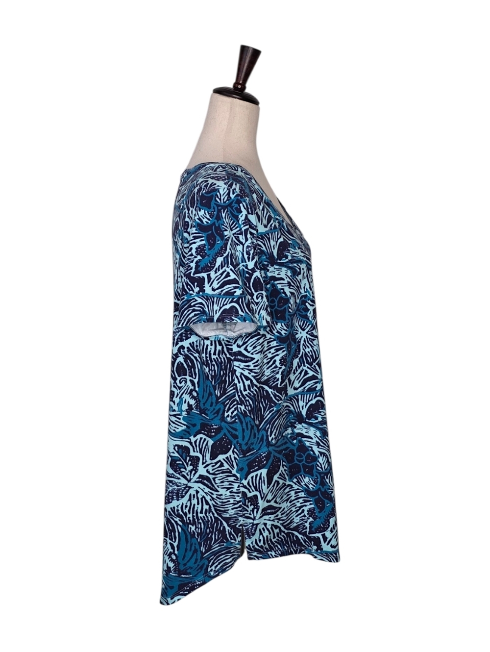 Soft Surroundings Blue & Teal Isabel Tropical Floral Printed Tunic Tee Size L - Picture 3 of 6